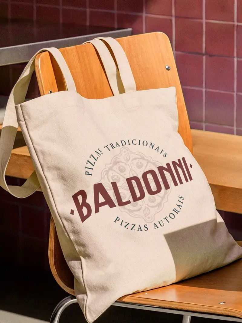 Ecobag com o selo circular da Baldonni apoiada numa cadeira de madeira