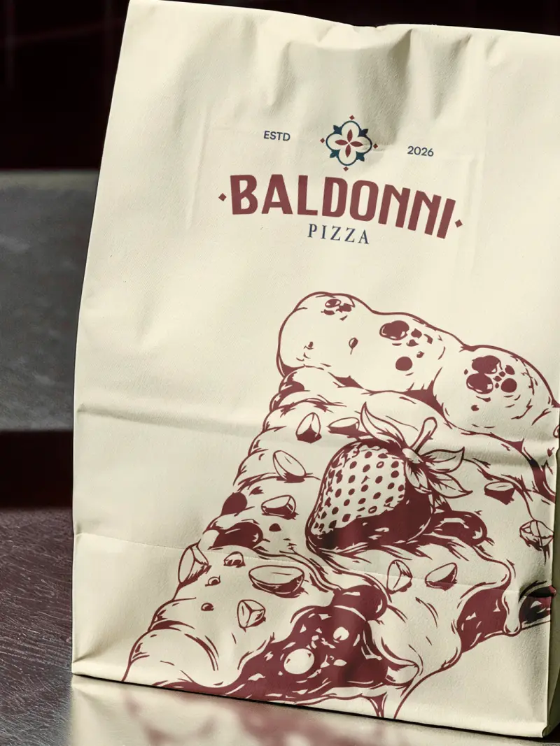Embalagem de papel da Baldonni com o brasão da casa e a fatia ilustrada em traço gravura, pronta para a entrega