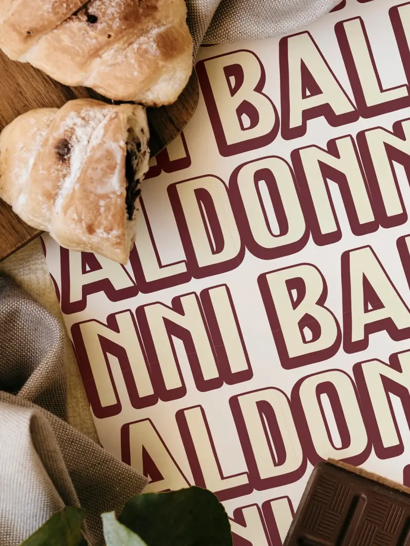 Folha de adesivos com o wordmark BALDONNI repetido em outline e extrusão