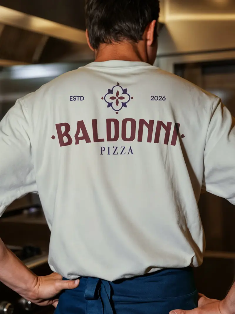 Pizzaiolo da Baldonni de costas na cozinha, com o brasão da casa estampado na camiseta